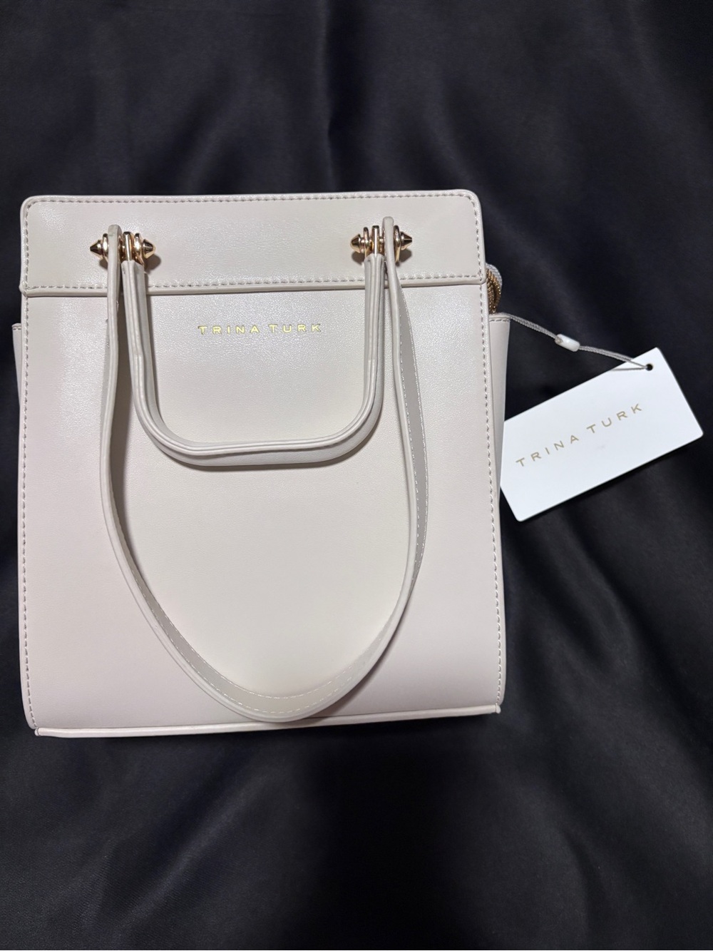 Trina Turk Light Cream Structured Top-Handle Satchel with Gold Hardware